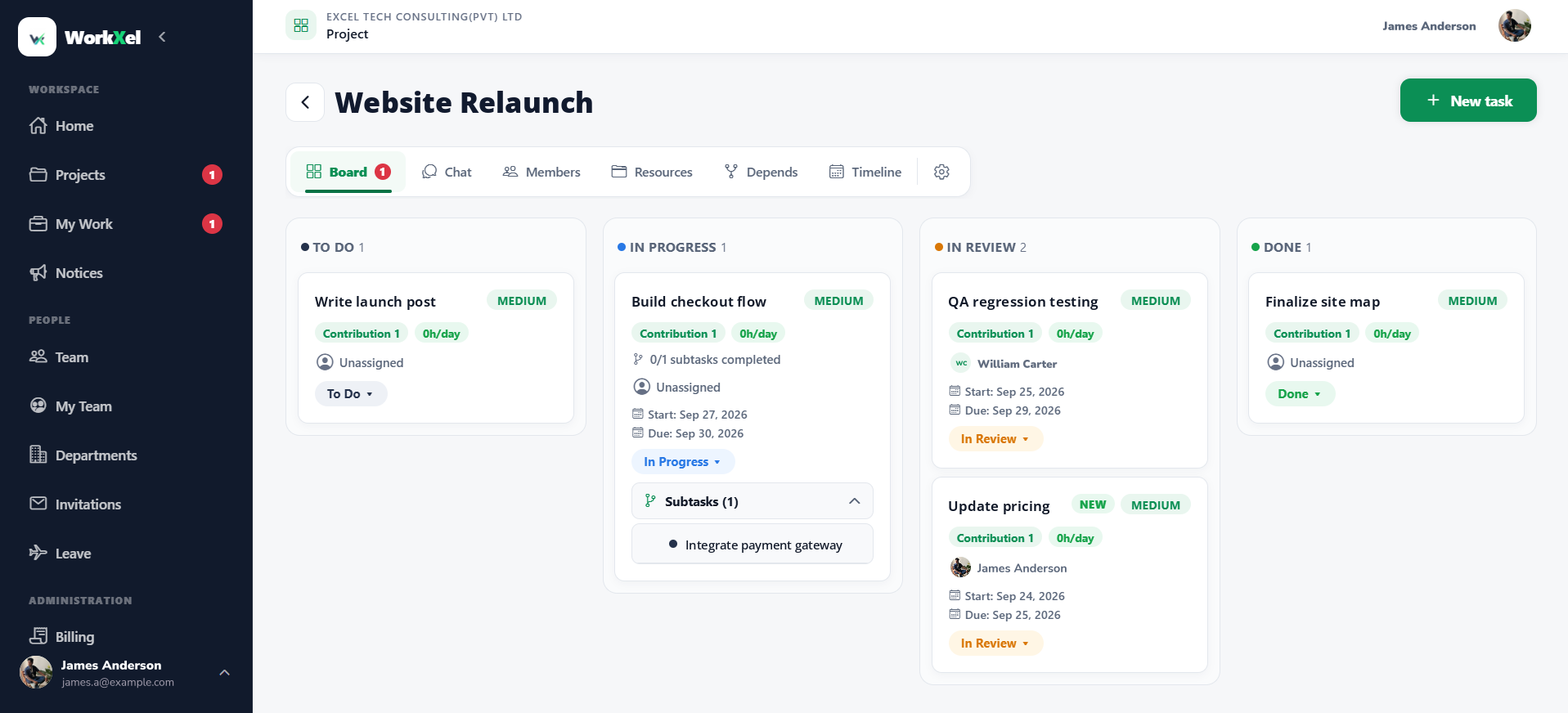 WorkXel project board for Website Relaunch with To Do, In Progress, In Review and Done columns; the Build checkout flow task shows its subtask, Integrate payment gateway